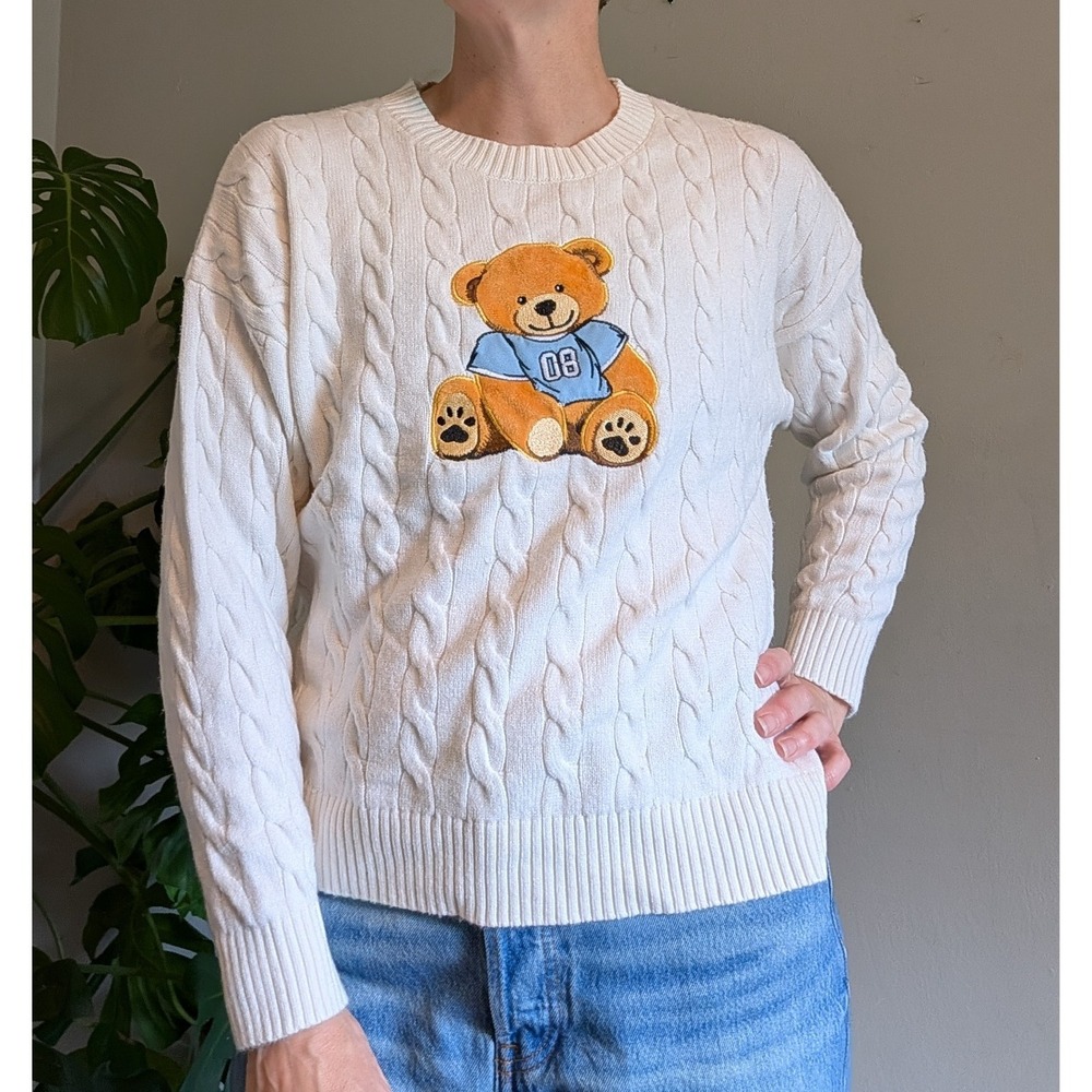 Orange Kiss Teddy Bear Sweater Cable Knit M Cream Varsity Shirt Cute Cozy Fuzzy